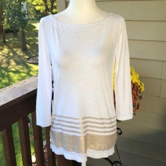 Loft Stripe Boat Neck Top, Ivory & Gold 3/4-Sleeve Cotton Women's Size XS - Picture 1 of 7